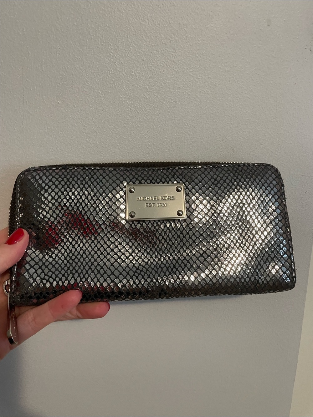 Michael Kors Gunmetal Snake-Embossed Zip Wallet
